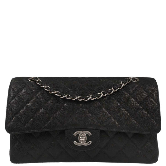 Chanel 2000-2002 Black Caviar Skin Medium Classic Double Flap Shoulder Bag
