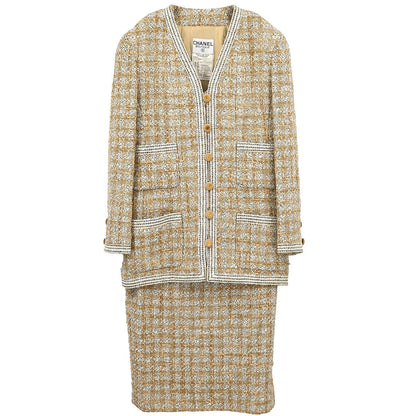 Chanel 1993 Setup Suit Jacket Skirt Tweed Brown #38