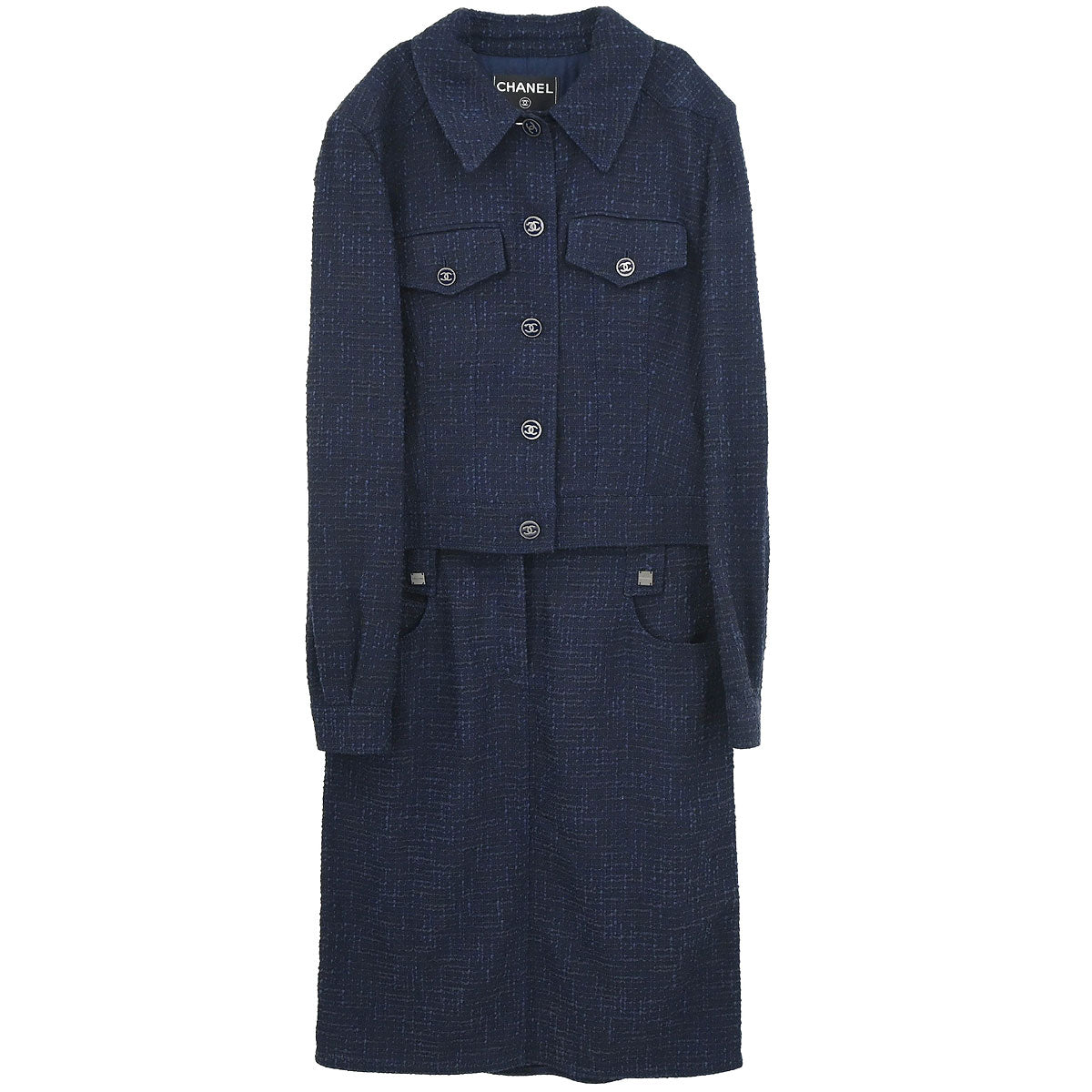 Chanel 2001 Setup Suit Jacket Skirt Tweed Navy #40 #38