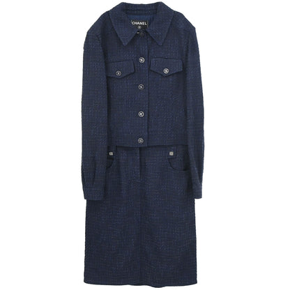 Chanel 2001 Setup Suit Jacket Skirt Tweed Navy #40 #38