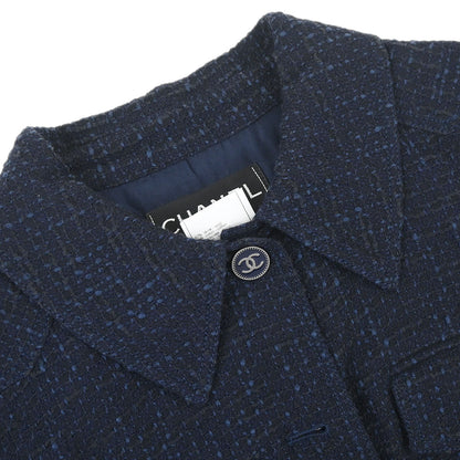 Chanel 2001 Setup Suit Jacket Skirt Tweed Navy #40 #38