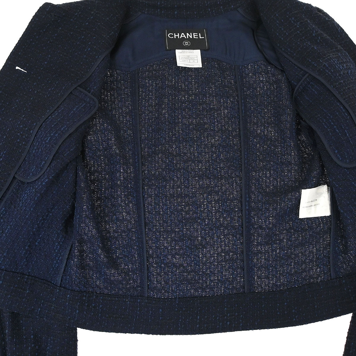 Chanel 2001 Setup Suit Jacket Skirt Tweed Navy #40 #38