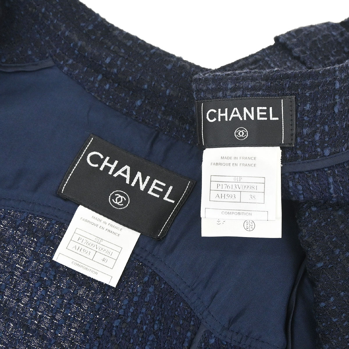 Chanel 2001 Setup Suit Jacket Skirt Tweed Navy #40 #38