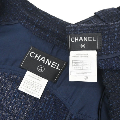 Chanel 2001 Setup Suit Jacket Skirt Tweed Navy #40 #38