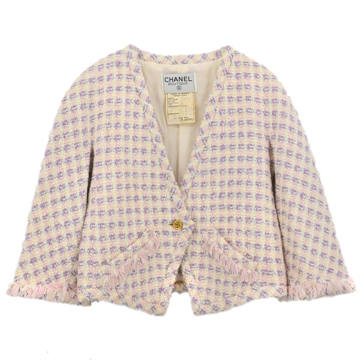 Chanel 1993 Single Breasted Collarless Tweed Jacket Purple #38
