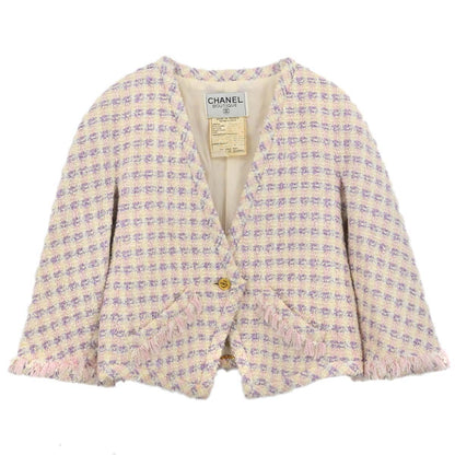 Chanel 1993 Single Breasted Collarless Tweed Jacket Purple #38