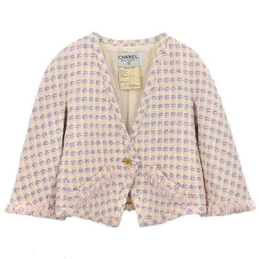 Chanel 1993 Single Breasted Collarless Tweed Jacket Purple #38