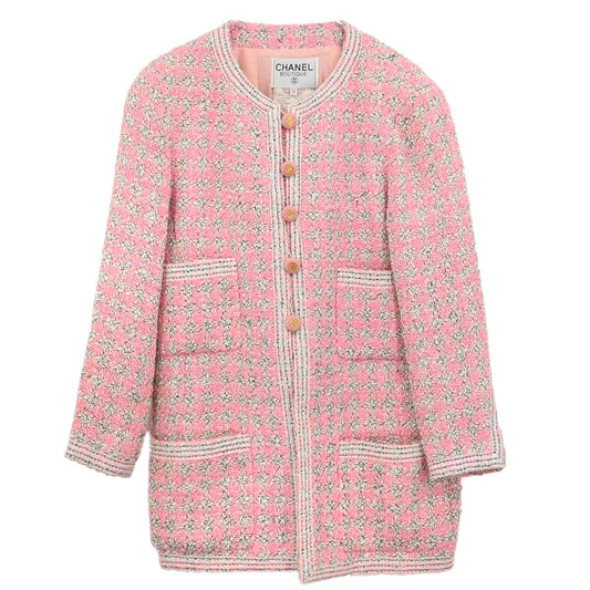 Chanel 1993 Single Breasted Collarless Tweed Jacket Pink #38
