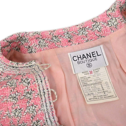 Chanel 1993 Single Breasted Collarless Tweed Jacket Pink #38