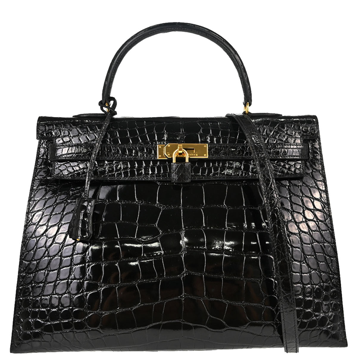 Hermes * Black Alligator Kelly 35 Sellier 2way Shoulder Handbag