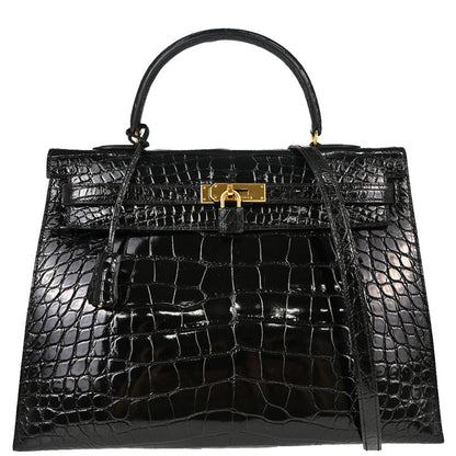 Hermes * Black Alligator Kelly 35 Sellier 2way Shoulder Handbag