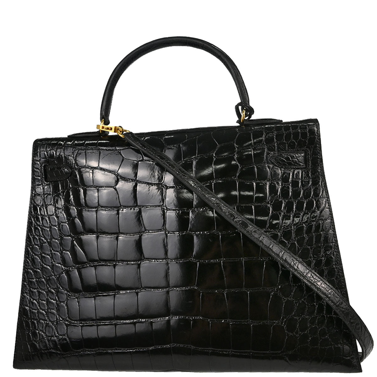 Hermes * Black Alligator Kelly 35 Sellier 2way Shoulder Handbag