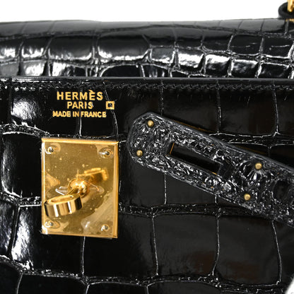 Hermes * Black Alligator Kelly 35 Sellier 2way Shoulder Handbag