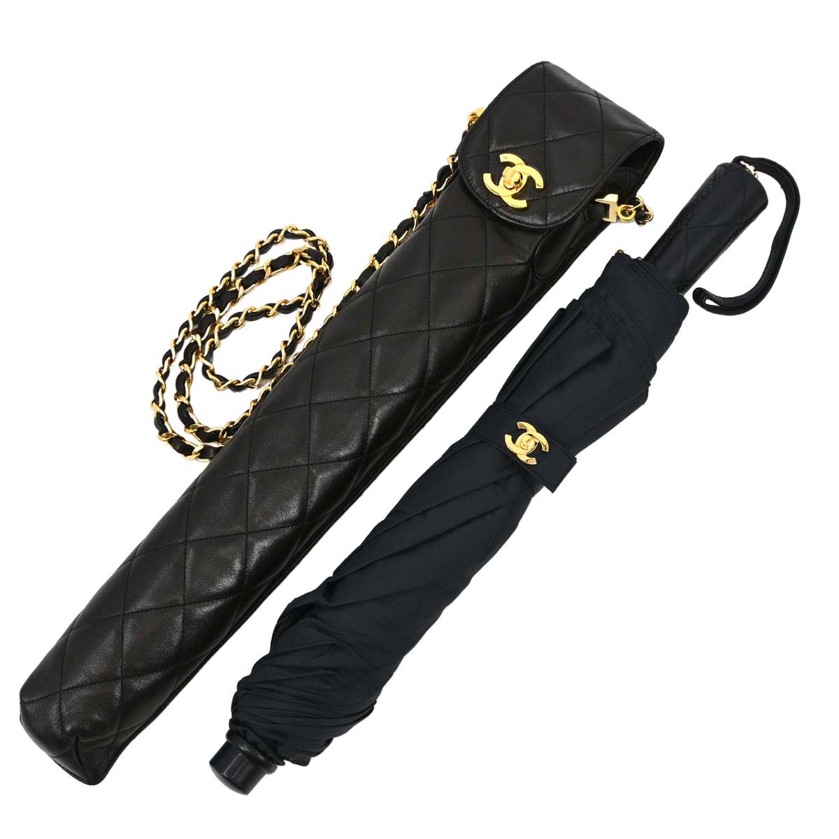 Chanel Black Folding Umbrella & Bag Set Small Good