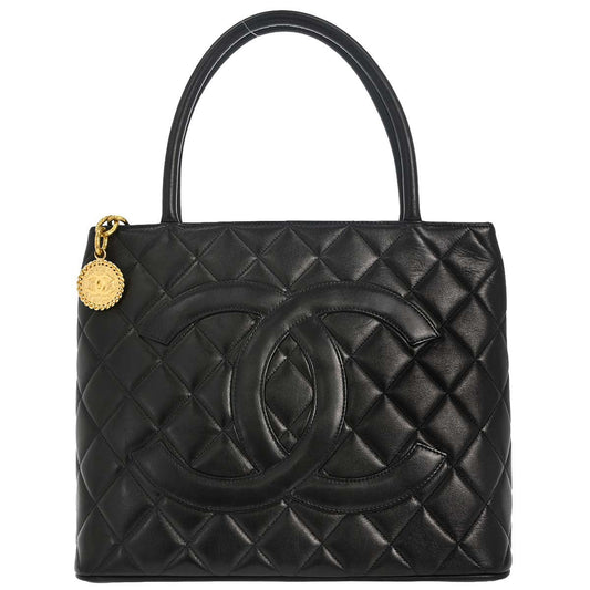 Chanel 1997-1999 Black Lambskin Medallion Tote Handbag