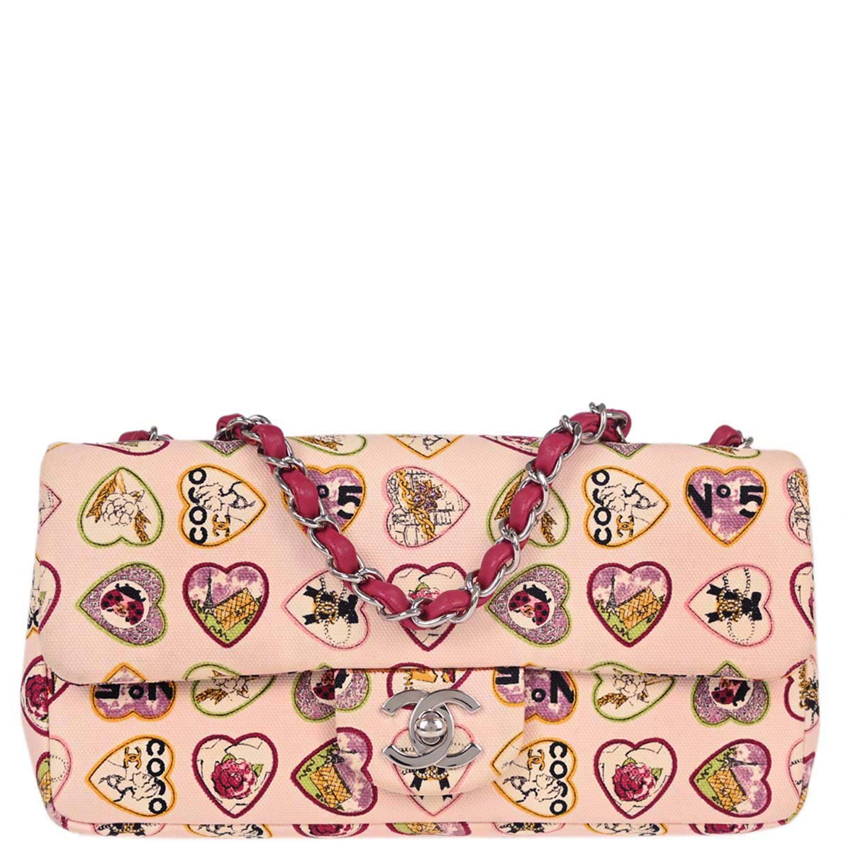 Chanel 2005-2006 Pink Canvas Valentine Single Flap Chain Shoulder Bag