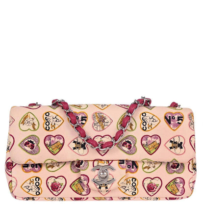 Chanel 2005-2006 Pink Canvas Valentine Single Flap Chain Shoulder Bag