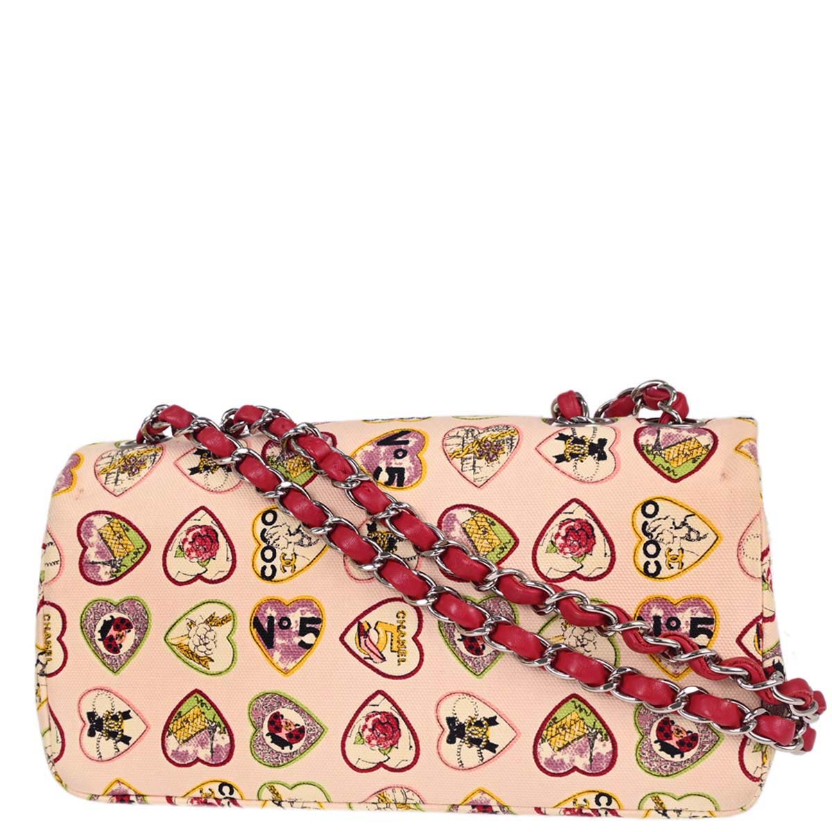 Chanel 2005-2006 Pink Canvas Valentine Single Flap Chain Shoulder Bag