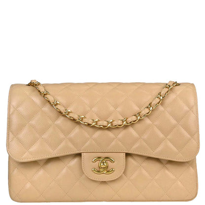 Chanel Beige Caviar Skin Jumbo Classic Double Flap Shoulder Bag