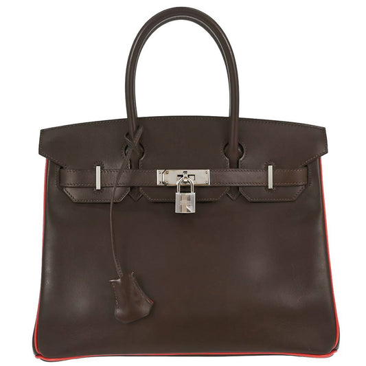 Hermes Chocolat Rouge Vif Box Calf Verso Birkin 30 Handbag