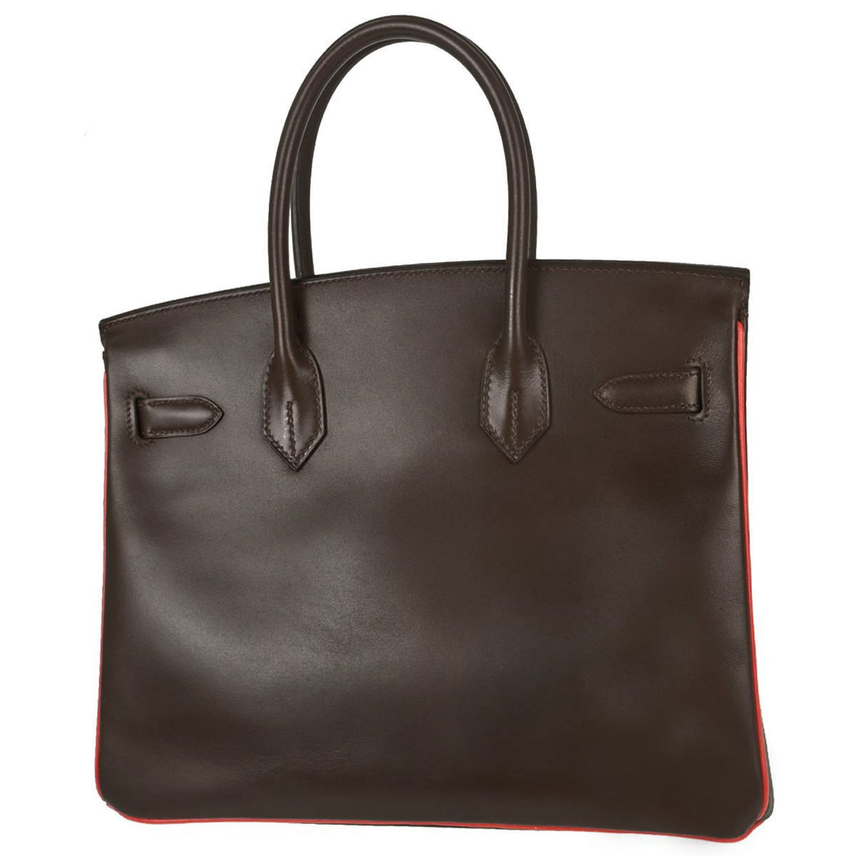 Hermes Chocolat Rouge Vif Box Calf Verso Birkin 30 Handbag