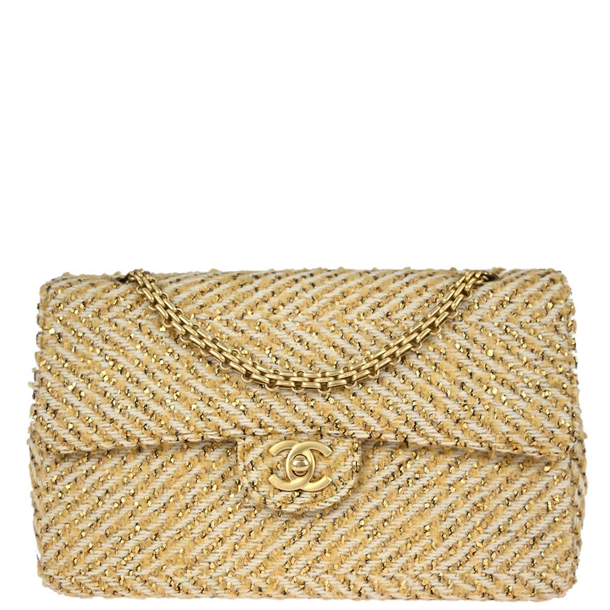 Chanel 2000-2002 Gold White Tweed Medium Single Flap Shoulder Bag