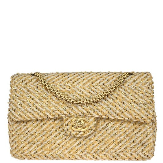 Chanel 2000-2002 Gold White Tweed Medium Single Flap Shoulder Bag