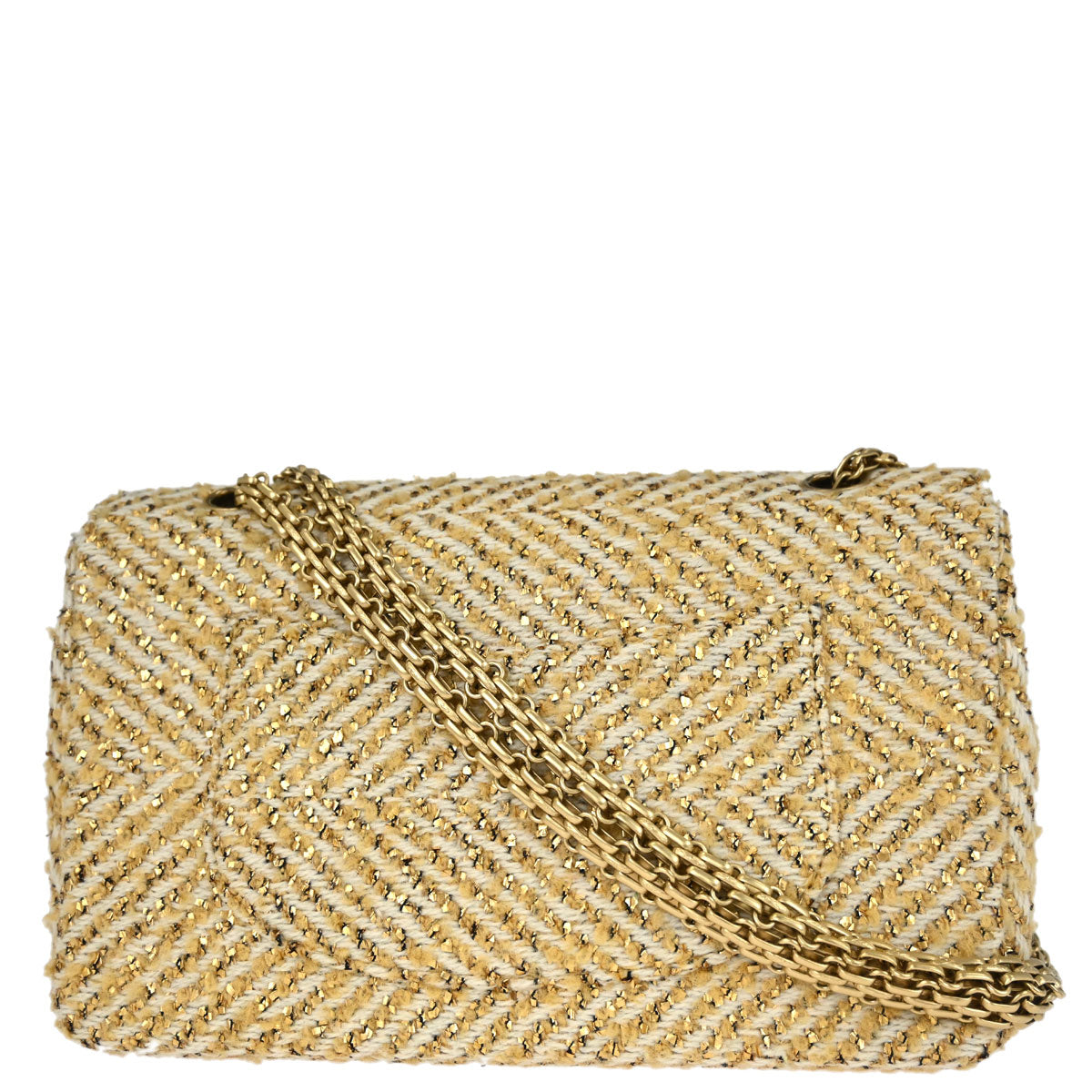 Chanel 2000-2002 Gold White Tweed Medium Single Flap Shoulder Bag