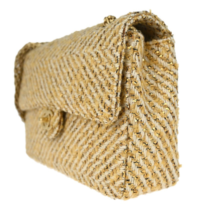 Chanel 2000-2002 Gold White Tweed Medium Single Flap Shoulder Bag