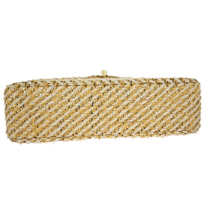 Chanel 2000-2002 Gold White Tweed Medium Single Flap Shoulder Bag