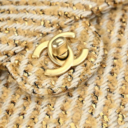 Chanel 2000-2002 Gold White Tweed Medium Single Flap Shoulder Bag