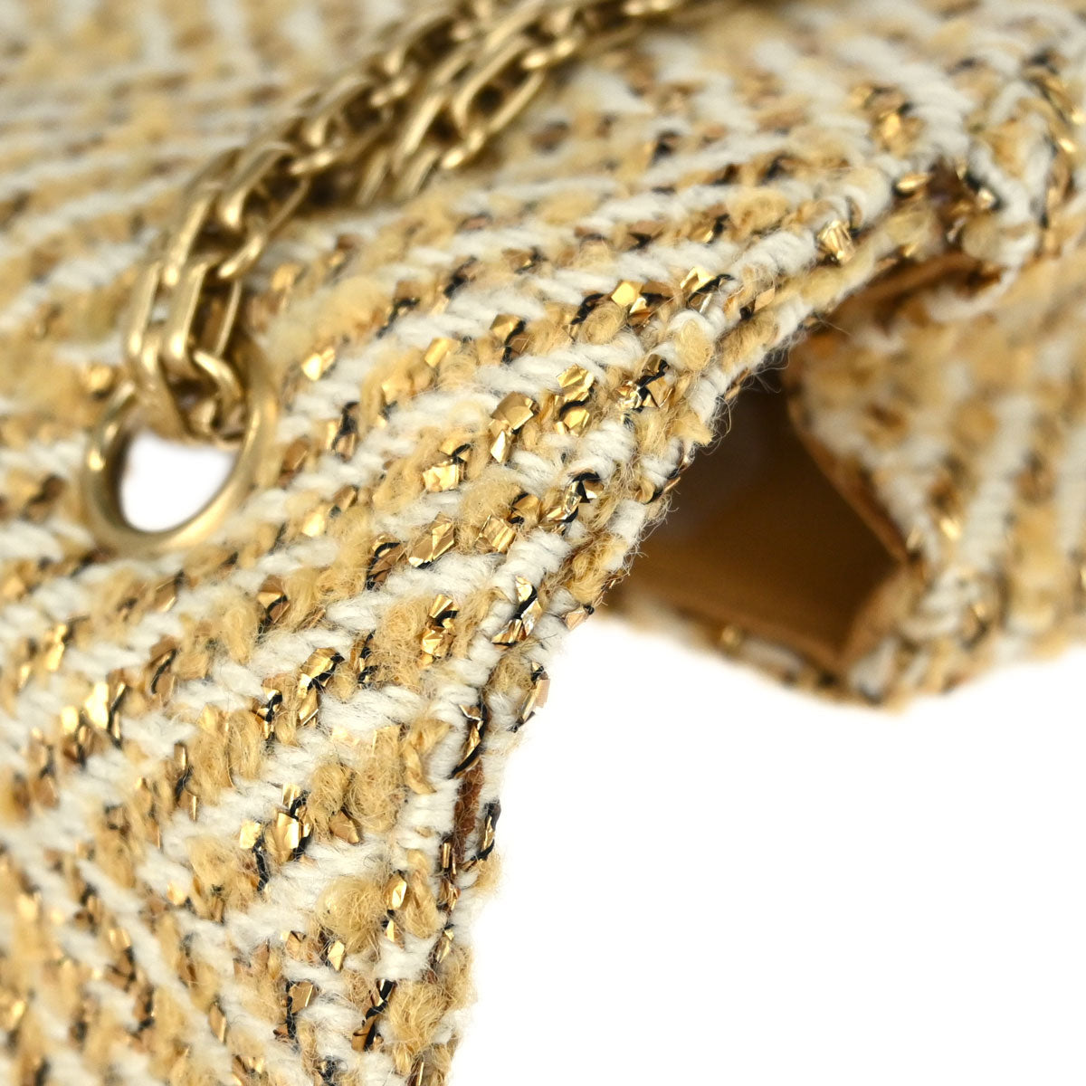 Chanel 2000-2002 Gold White Tweed Medium Single Flap Shoulder Bag