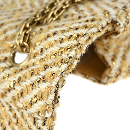 Chanel 2000-2002 Gold White Tweed Medium Single Flap Shoulder Bag