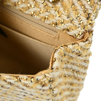 Chanel 2000-2002 Gold White Tweed Medium Single Flap Shoulder Bag