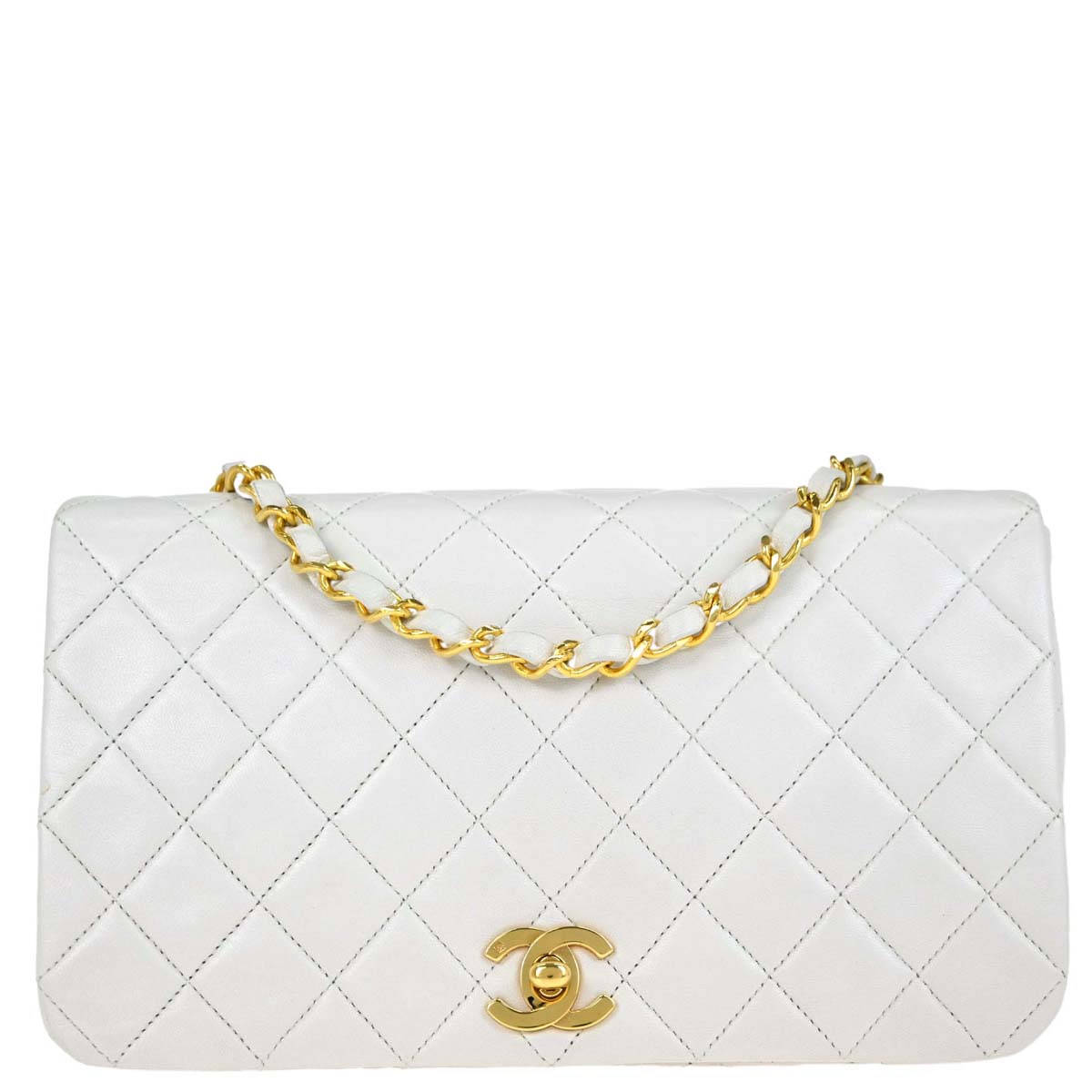 Chanel 1989-1991 White Lambskin Turnlock Small Full Flap Shoulder Bag