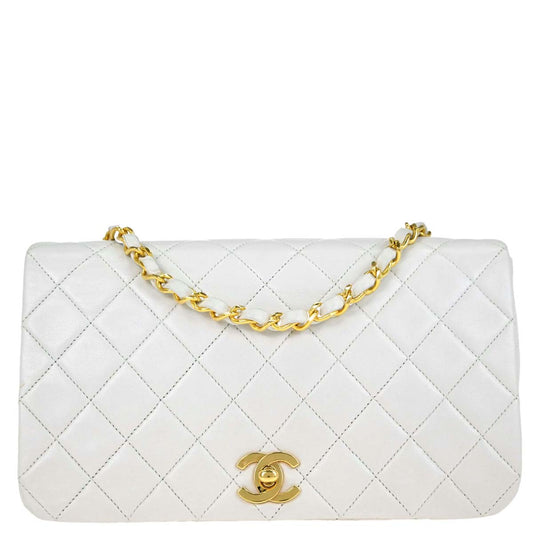 Chanel 1989-1991 White Lambskin Turnlock Small Full Flap Shoulder Bag