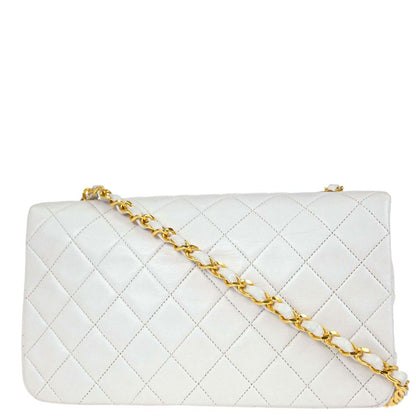 Chanel 1989-1991 White Lambskin Turnlock Small Full Flap Shoulder Bag