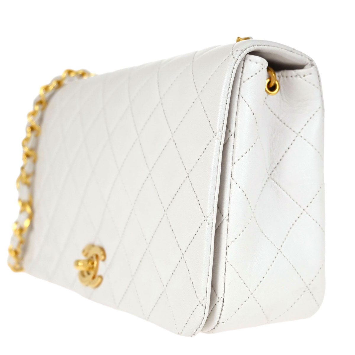 Chanel 1989-1991 White Lambskin Turnlock Small Full Flap Shoulder Bag