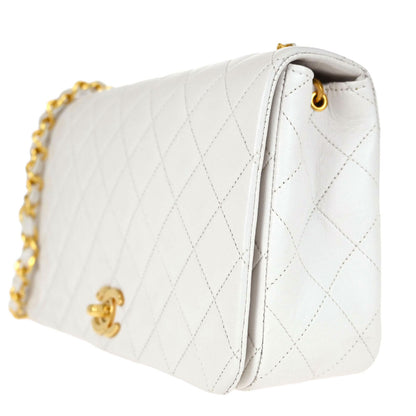 Chanel 1989-1991 White Lambskin Turnlock Small Full Flap Shoulder Bag