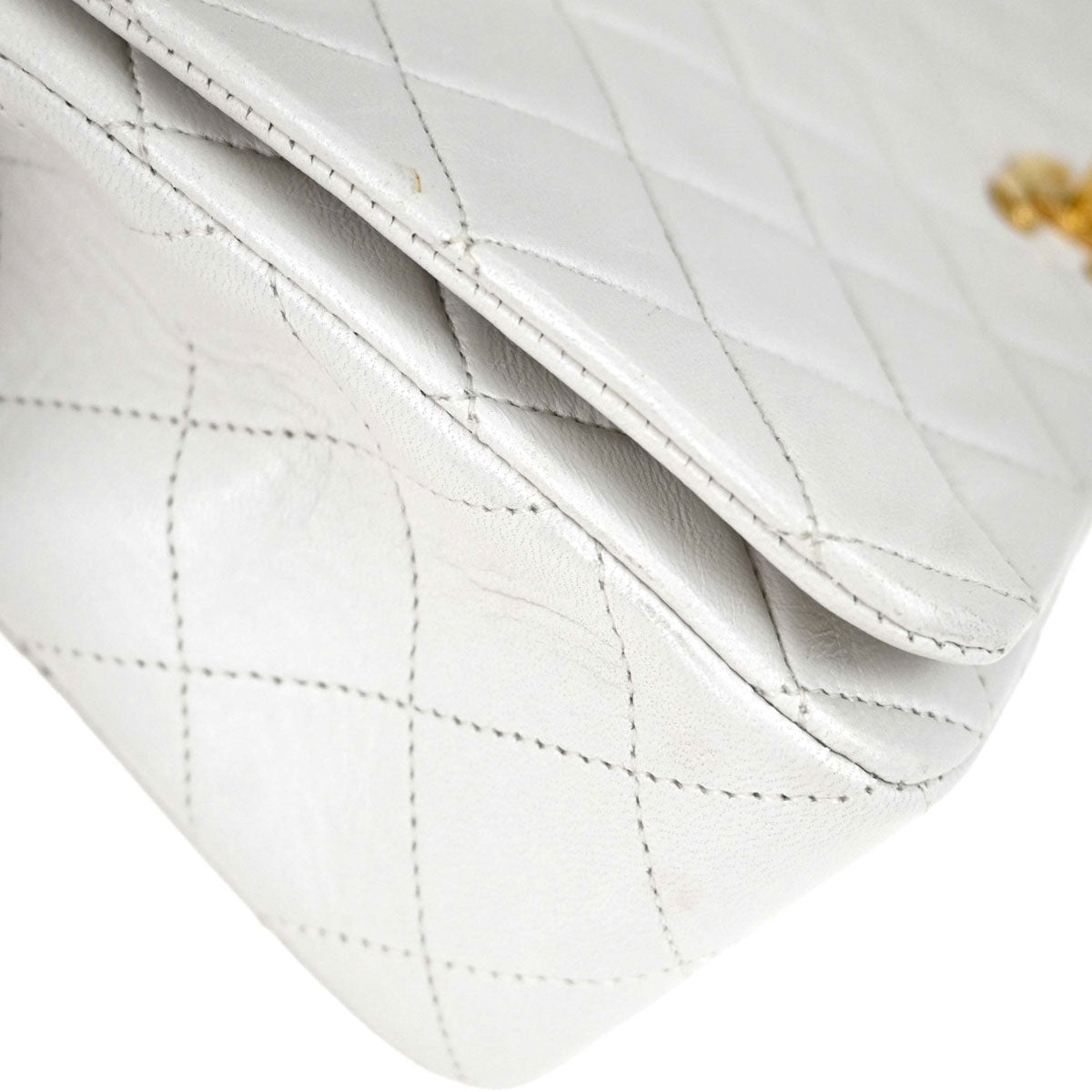 Chanel 1989-1991 White Lambskin Turnlock Small Full Flap Shoulder Bag