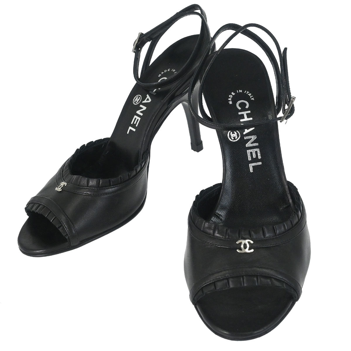 Chanel * Ruffle Black Lambskin Sandals Shoes #37
