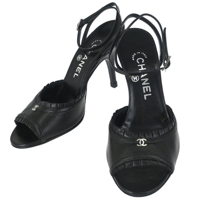 Chanel * Ruffle Black Lambskin Sandals Shoes #37