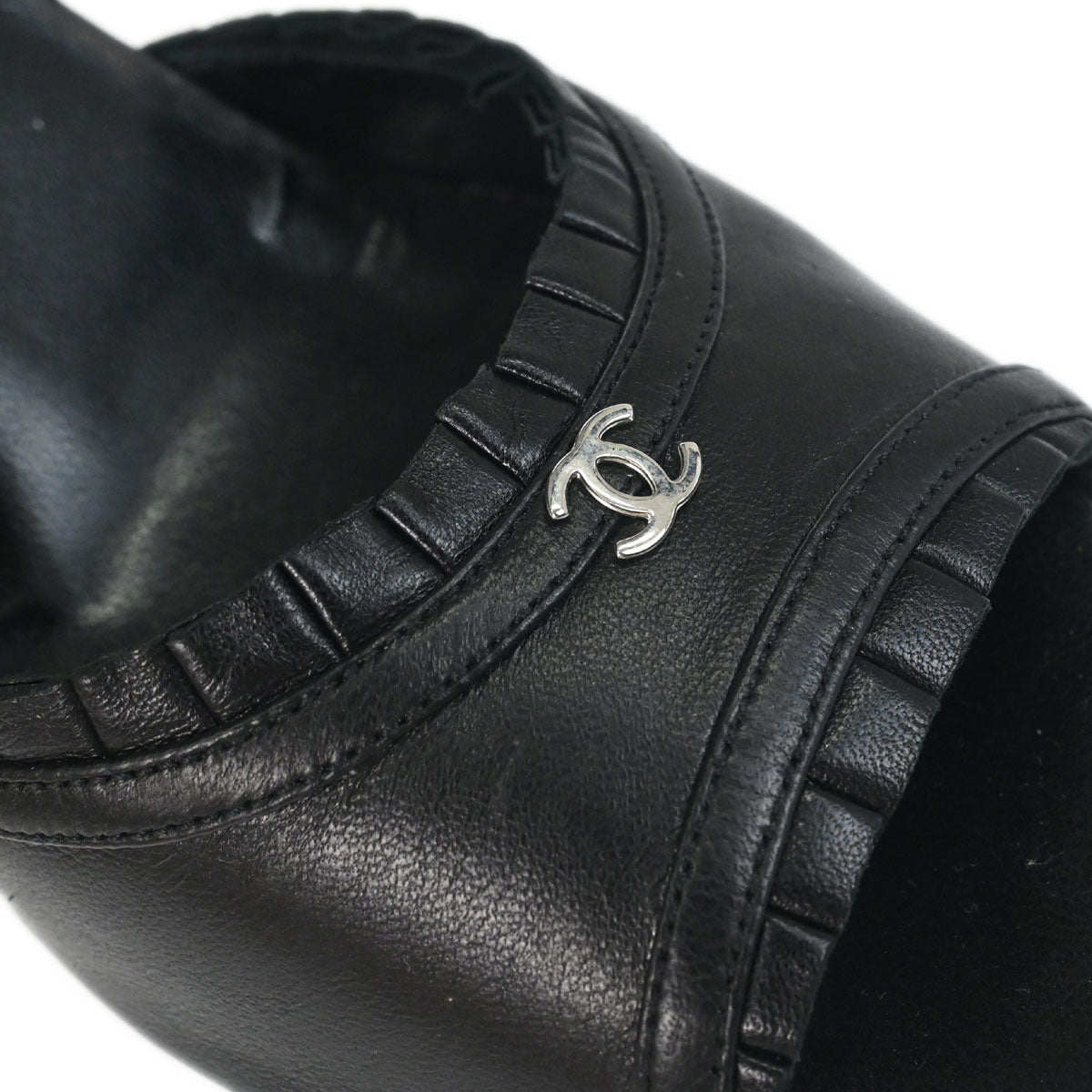 Chanel * Ruffle Black Lambskin Sandals Shoes #37