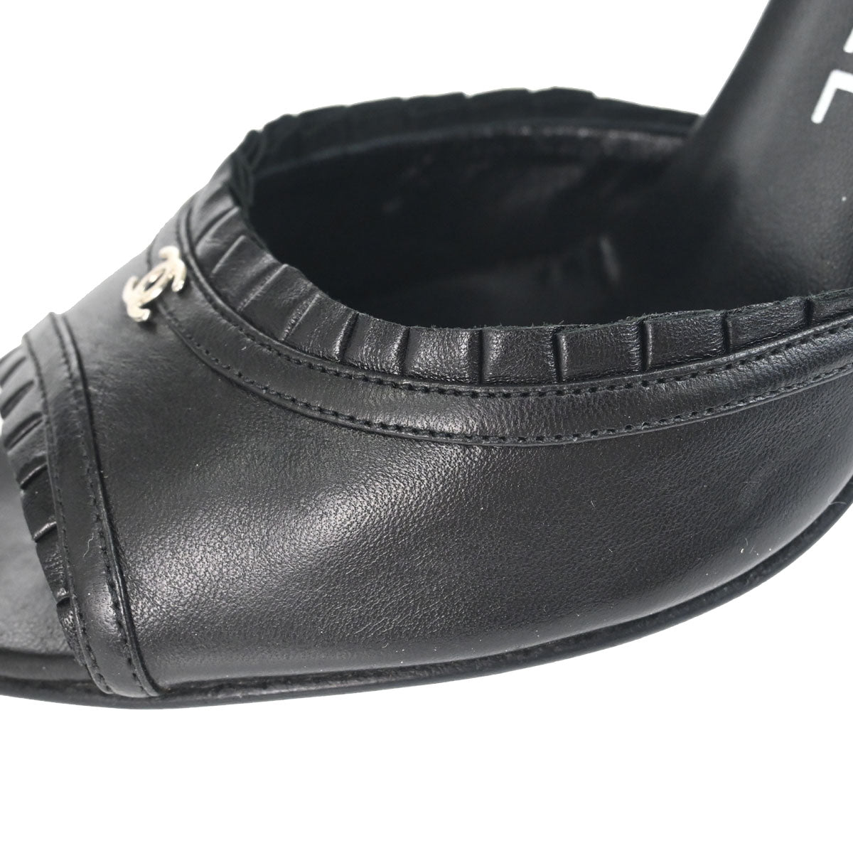 Chanel * Ruffle Black Lambskin Sandals Shoes #37