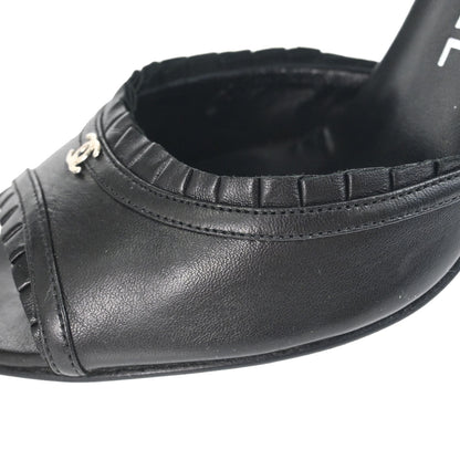 Chanel * Ruffle Black Lambskin Sandals Shoes #37