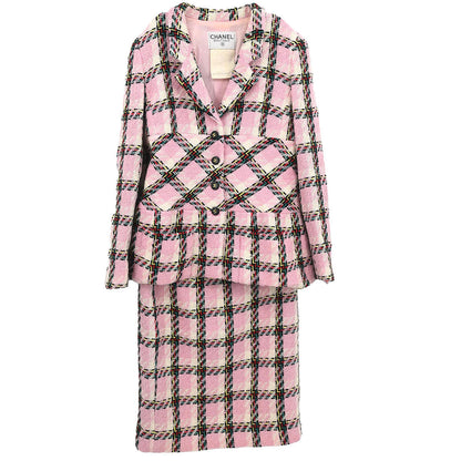 Chanel 1995 Setup Suit Jacket Skirt Tweed Pink #40