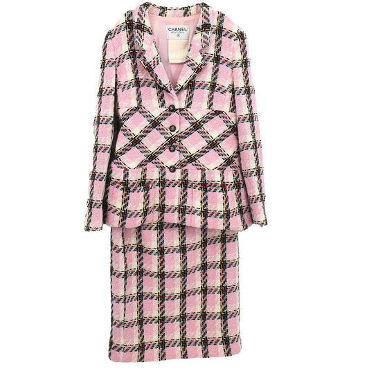 Chanel 1995 Setup Suit Jacket Skirt Tweed Pink #40