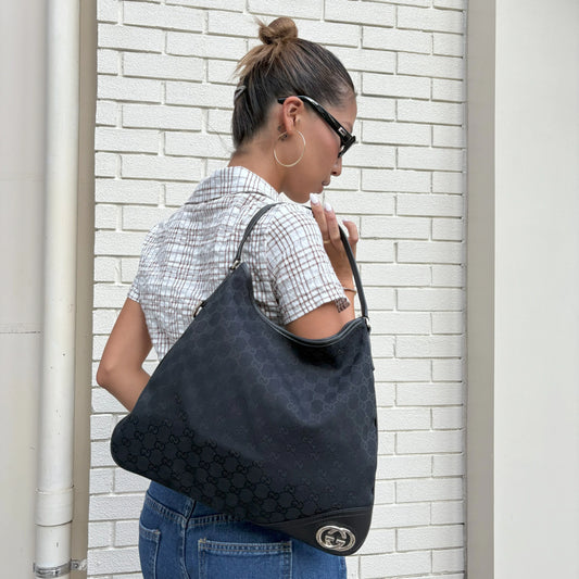 Gucci Black Canvas GG Interlocking Hobo Handbag