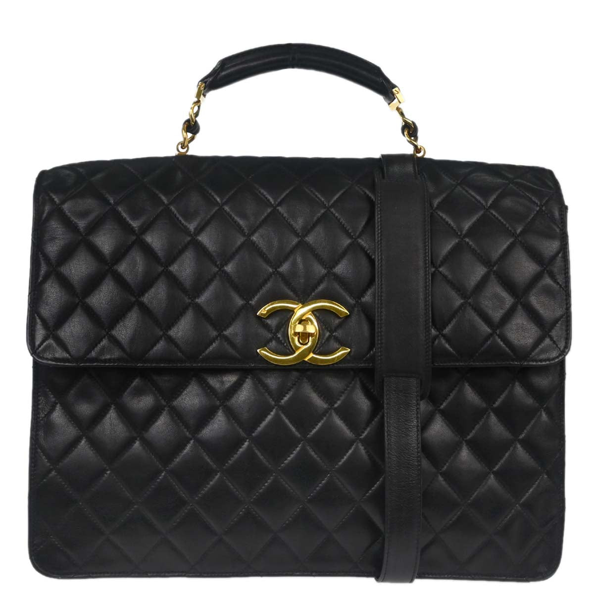 Chanel Black Lambskin Briefcase Business 2way Shoulder Handbag