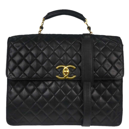 Chanel Black Lambskin Briefcase Business 2way Shoulder Handbag